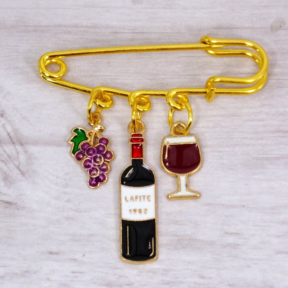 Wine theme pin brooch with dangling grapes, wine bottle, and wine glass charms